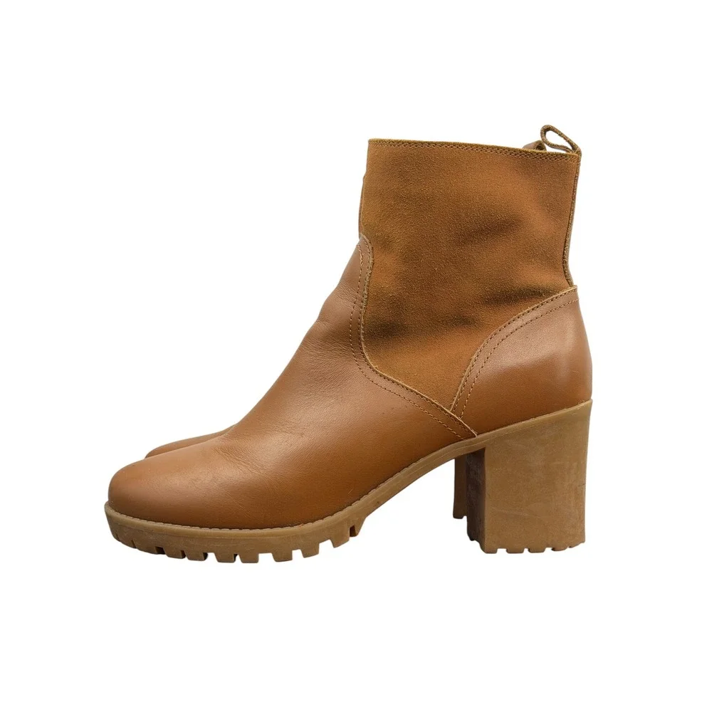 Soludos Dani Shearling Ankle Boots Womens 9 Tan Leather Block Heel Fall Comfort
